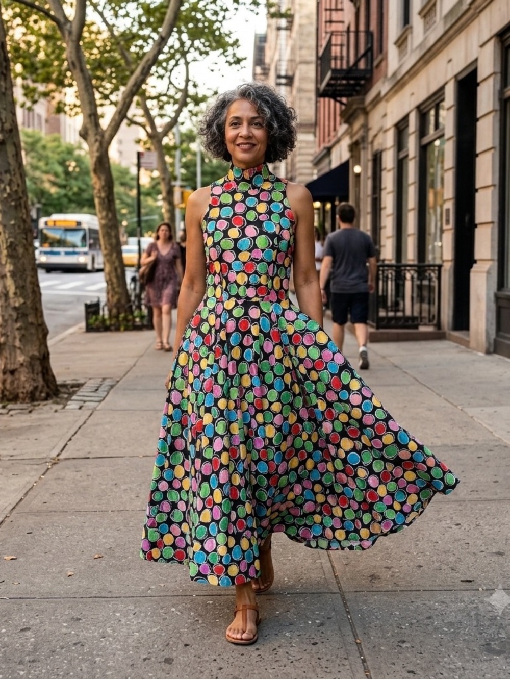 Vintage 80s Handmade Polka Dot Midi Dress High Neck Circle Skirt Small